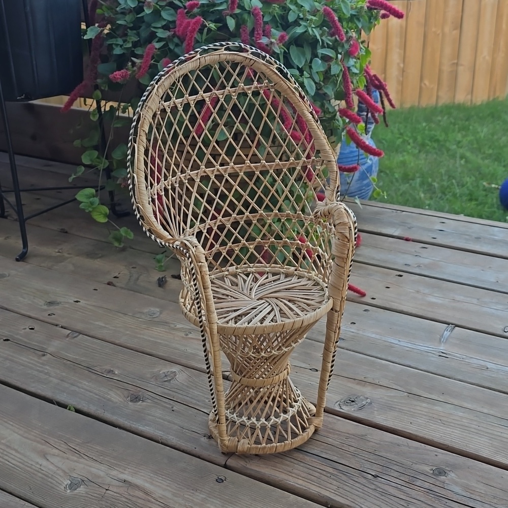 Vintage Wicker Fan Back Rattan Doll Chair Plant Stand Boho